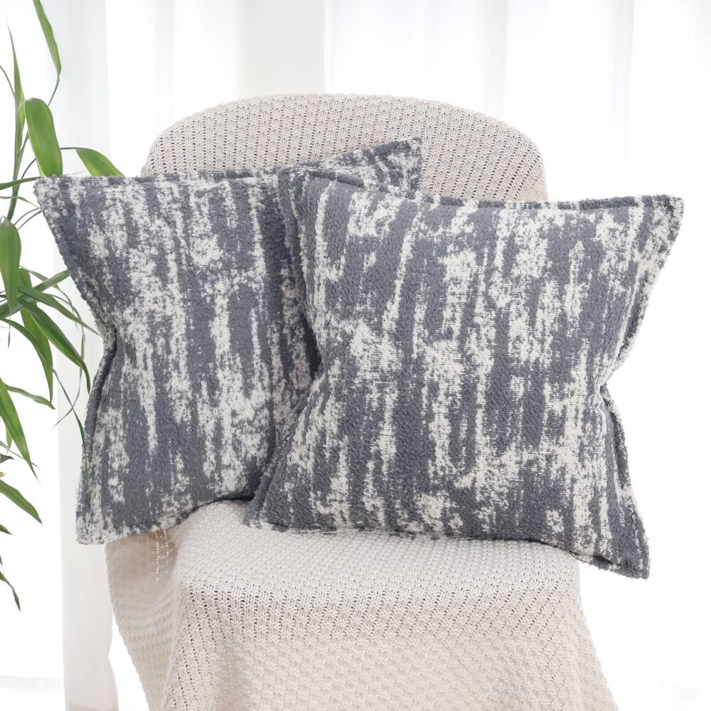 9652 Light Gray and White Fluffy Decorative Pillow Covers 18x18 Set of 2